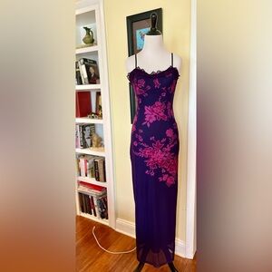 Y2K Fairy Slip Dress Stretch Mesh Lace Trim Laceup Corset Back Maxi Plum Floral